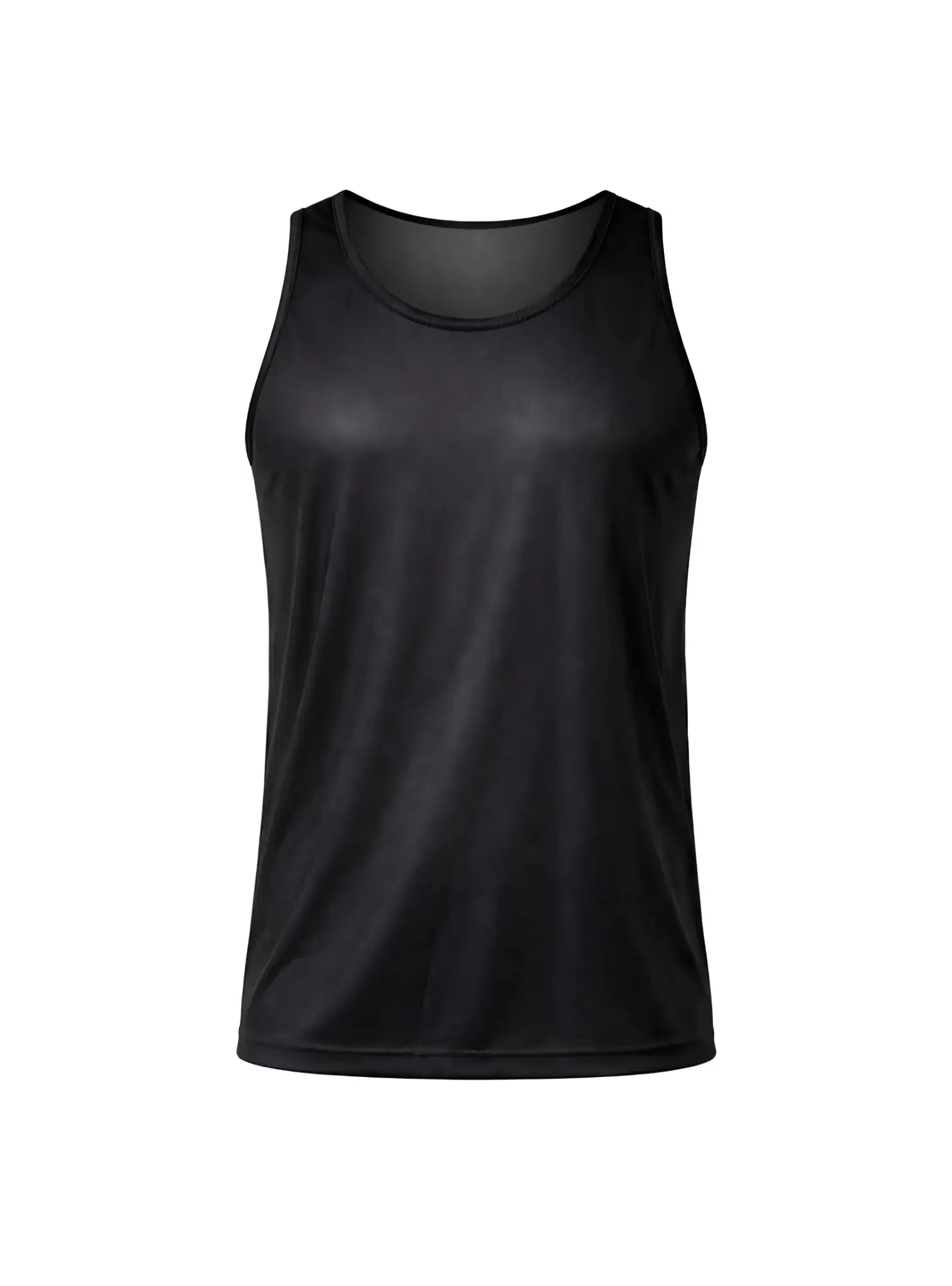 Black nylon tricot sleeveless tank top with smooth moisture-wicking fabric and mesh lining at the neckline