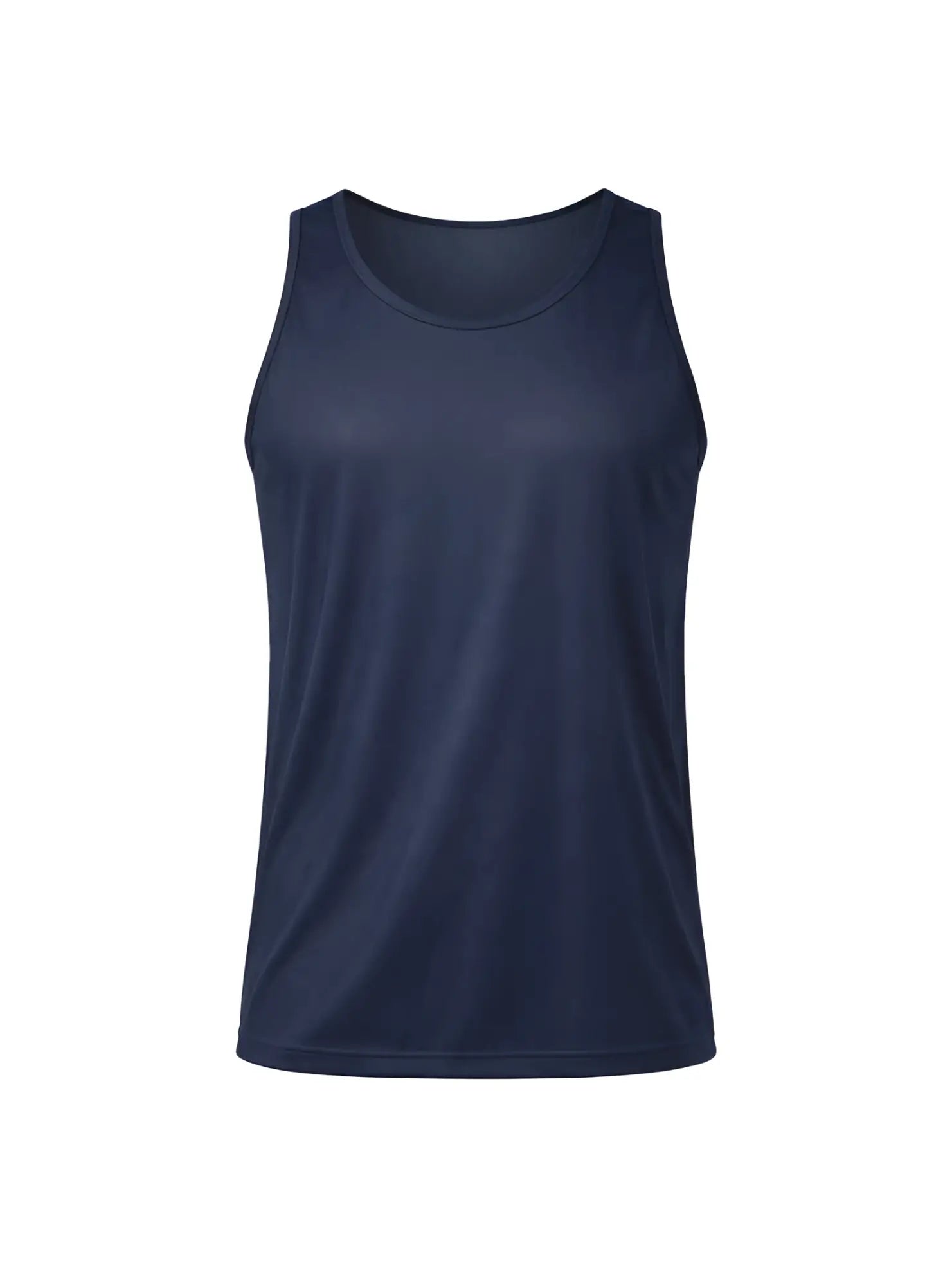 Navy blue sleeveless athletic tank top made of nylon tricot for lightweight performance wear