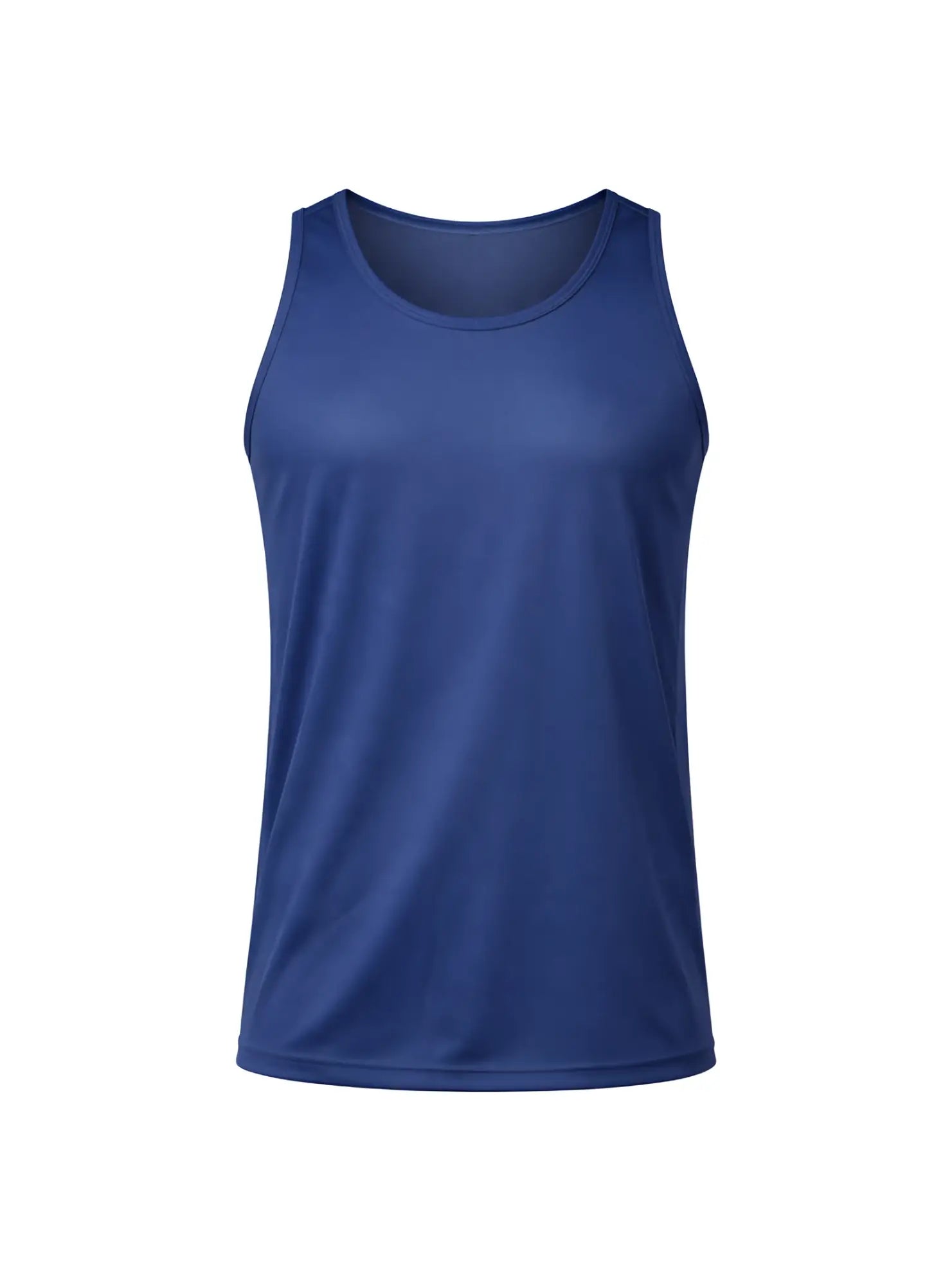 A solid royal blue nylon tricot sleeveless athletic tank top with a rounded neckline and smooth form-fitting fabric