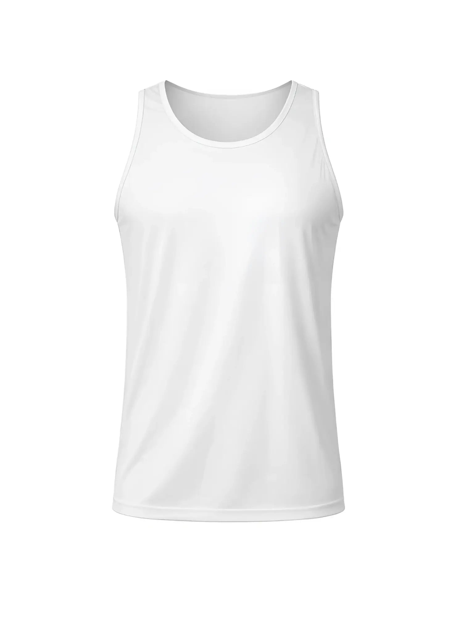 White sleeveless nylon tricot tank top with smooth lightweight fabric and rounded neckline for athletic wear