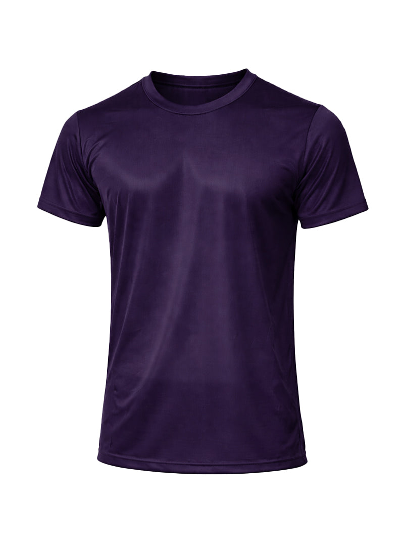 A solid purple nylon tricot short-sleeved crew neck t-shirt with smooth slightly shiny fabric