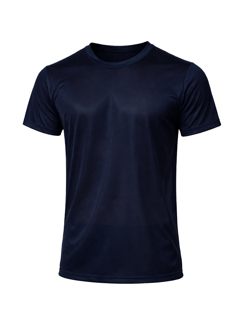 A navy blue nylon tricot crew neck t-shirt with short sleeves made of smooth lightweight fabric