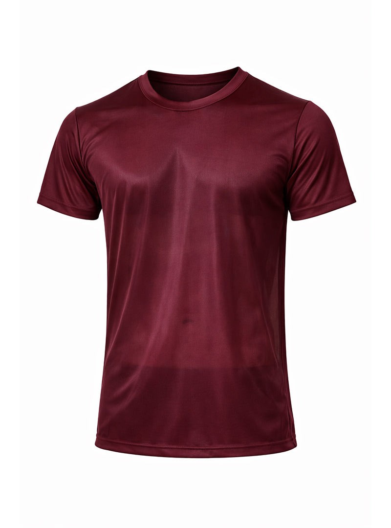 Maroon short-sleeved nylon tricot crew neck t-shirt made of smooth performance fabric for athletic use