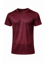 Maroon short-sleeved nylon tricot crew neck t-shirt made of smooth performance fabric for athletic use