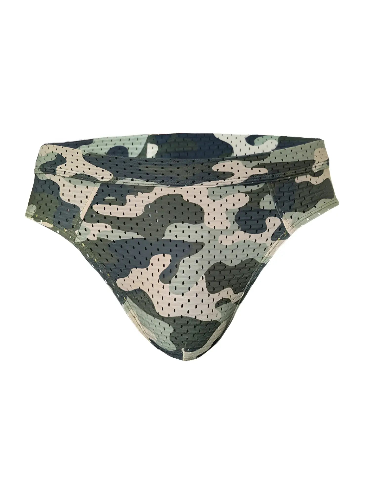 Nylux camo brief mesh briefs in green beige and black camouflage pattern for breathable everyday wear