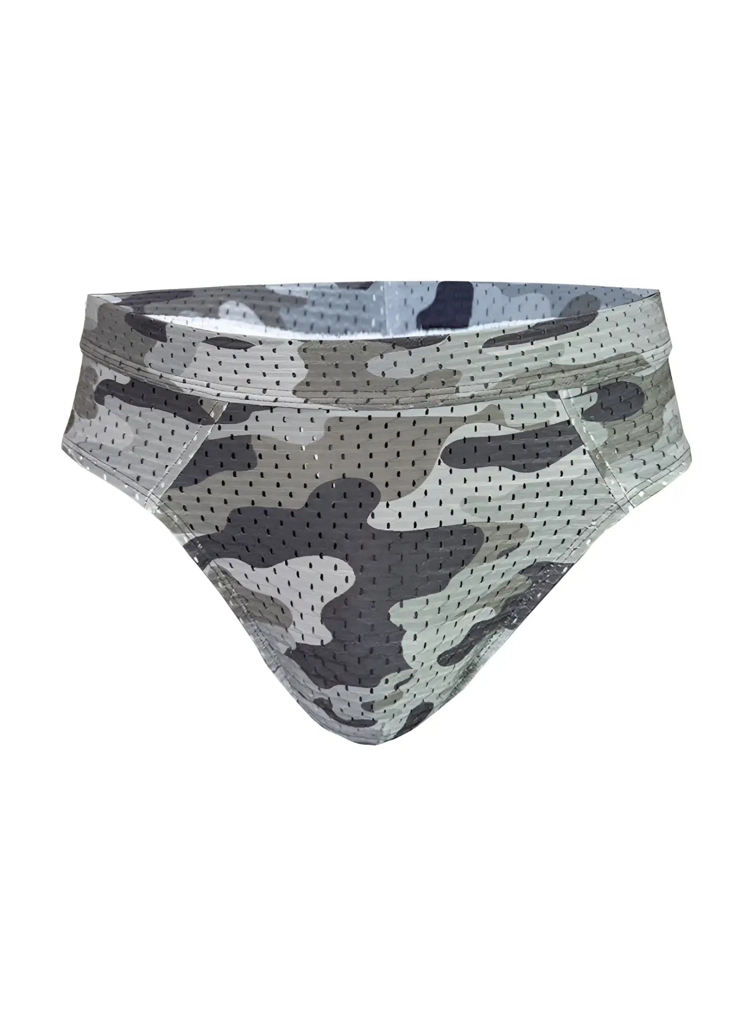 Nylux camo brief gray and black camouflage patterned mesh briefs showcasing front design