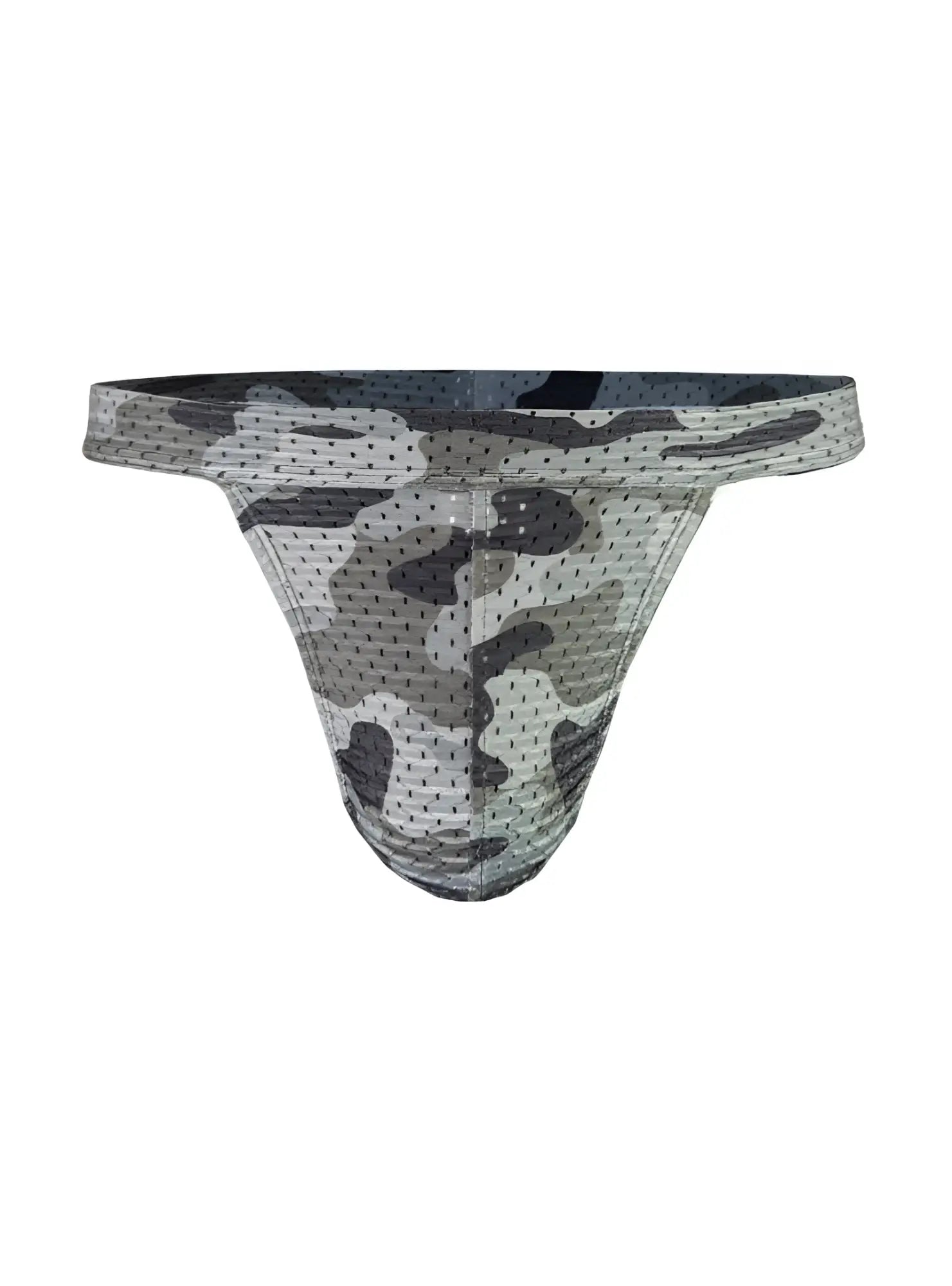 Gray and black camouflage mesh briefs with breathable fabric from nylux camo jockstrap collection