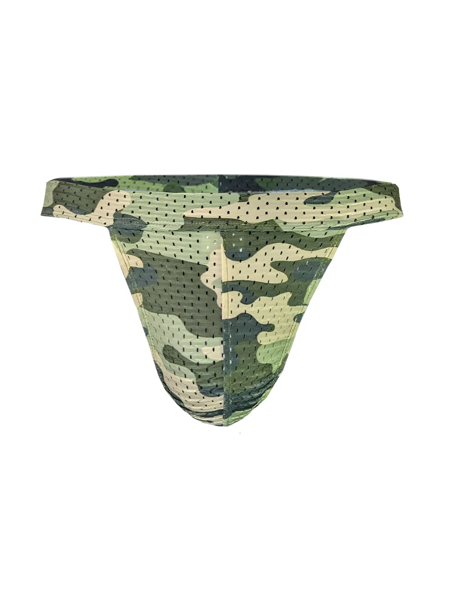 Nylux camo jockstrap in green and beige camouflage patterned mesh briefs for breathable support