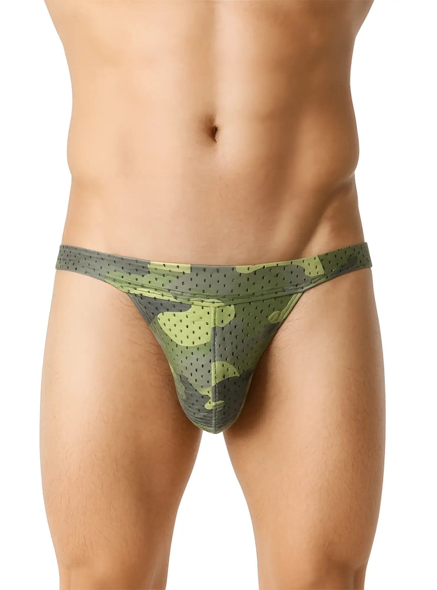 Nylux camo jockstrap green and olive camouflage mesh briefs with perforated design for breathable comfort