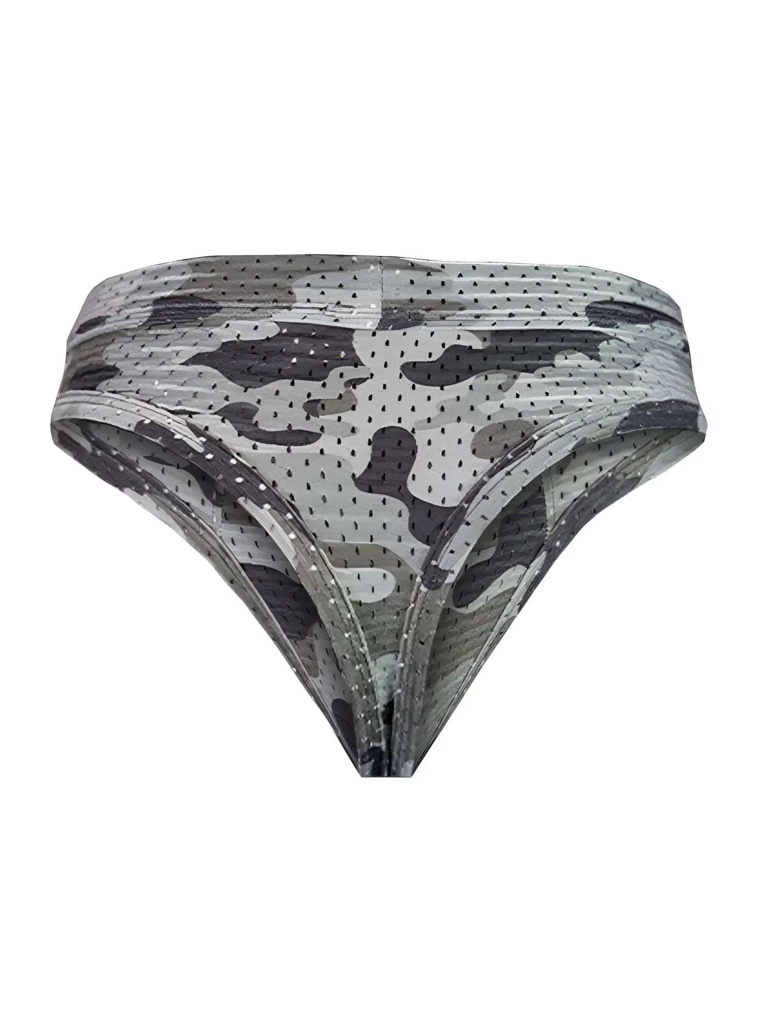Back view of nylux camo thong gray and black camouflage mesh bikini bottom with perforated design