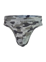 Gray and black camouflage mesh nylux camo thong with perforated design showing front side of the briefs