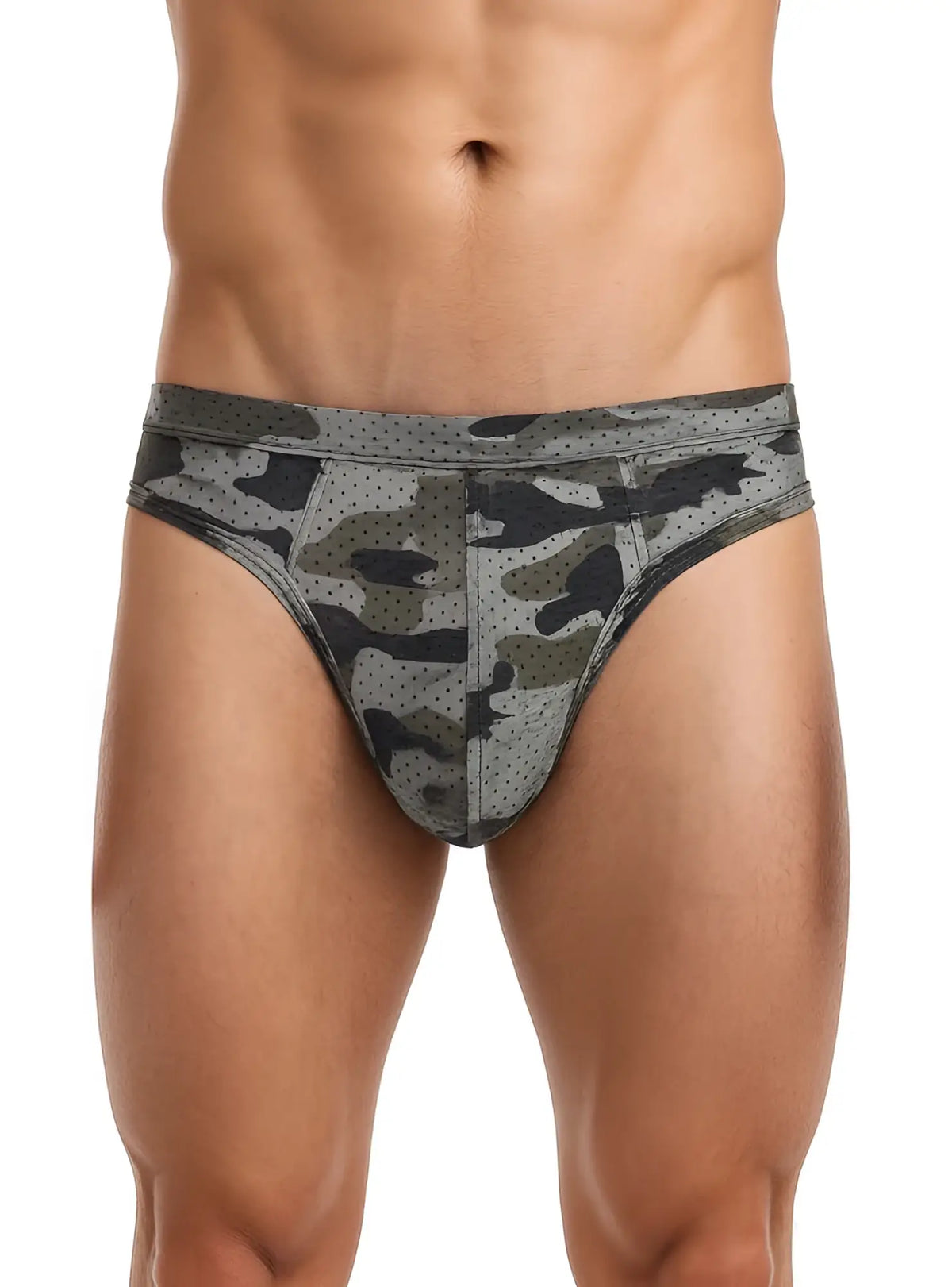 Nylux camo thong gray and black camouflage pattern briefs with perforated texture showing the back side