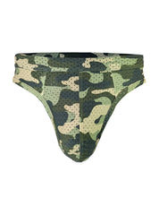 Green and beige camouflage nylux camo thong athletic briefs with perforated mesh design for breathable comfort