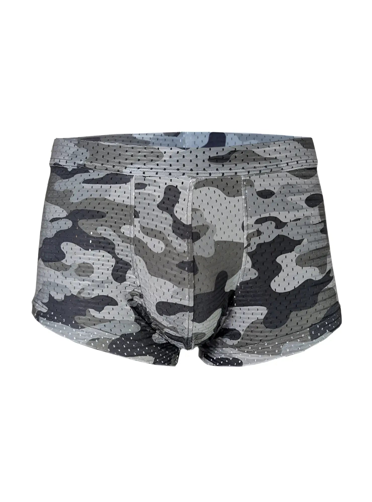 Gray and black camouflage mesh nylon nylux camo trunk boxer briefs showing front side design