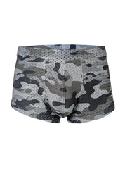 Gray and black camouflage mesh nylon nylux camo trunk boxer briefs showing front side design