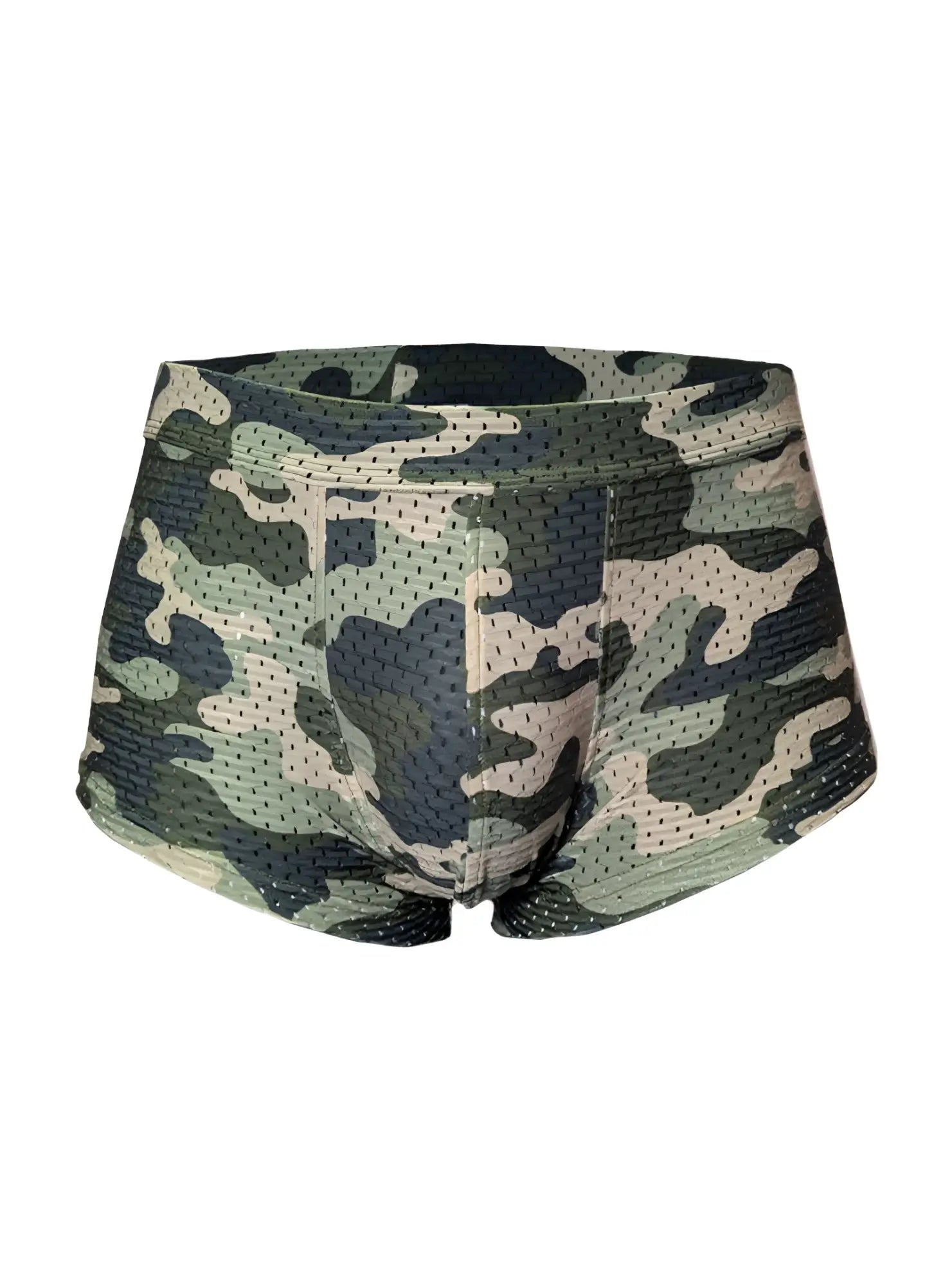Green and beige camouflage-patterned mesh briefs nylux camo trunk made of breathable fabric for active wear
