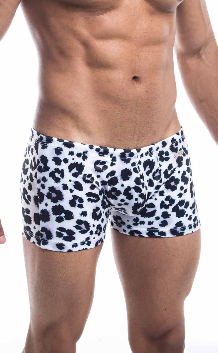 Oceanico square cut white swim trunks with black leopard print pattern for stylish beachwear