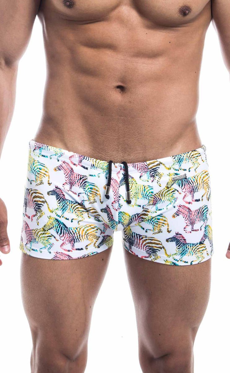 Oceanico square cut white swim trunks with vibrant multicolored zebra print and black drawstrings