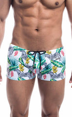 Oceanico Square Cut white swim trunks with vibrant tropical zebra print green palm leaves red flowers and black drawstring waistband