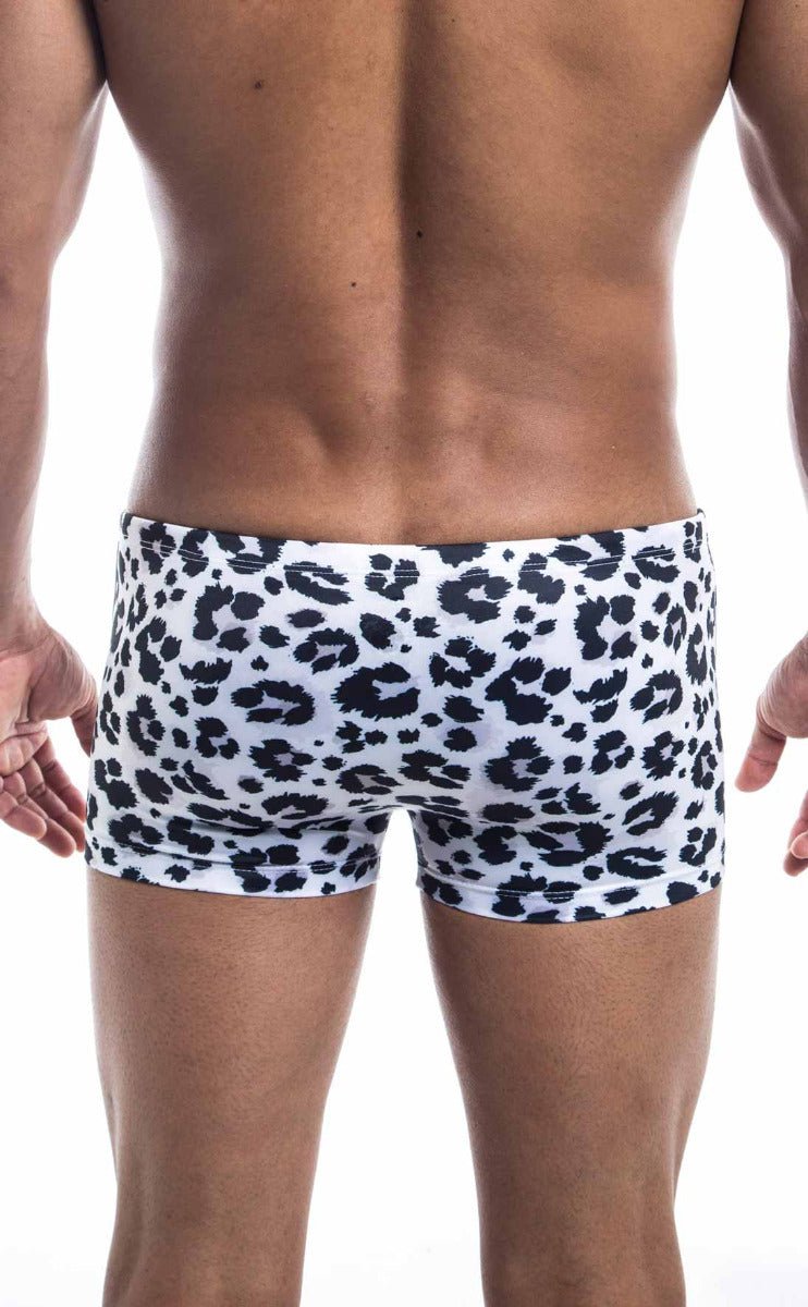 White swim trunks oceanico square cut with black leopard print pattern perfect for beach and pool use