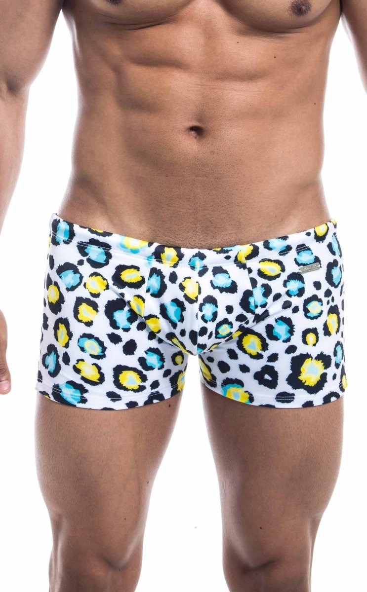 Oceanico square cut white swim trunks with bold black yellow and teal leopard print pattern for beachwear