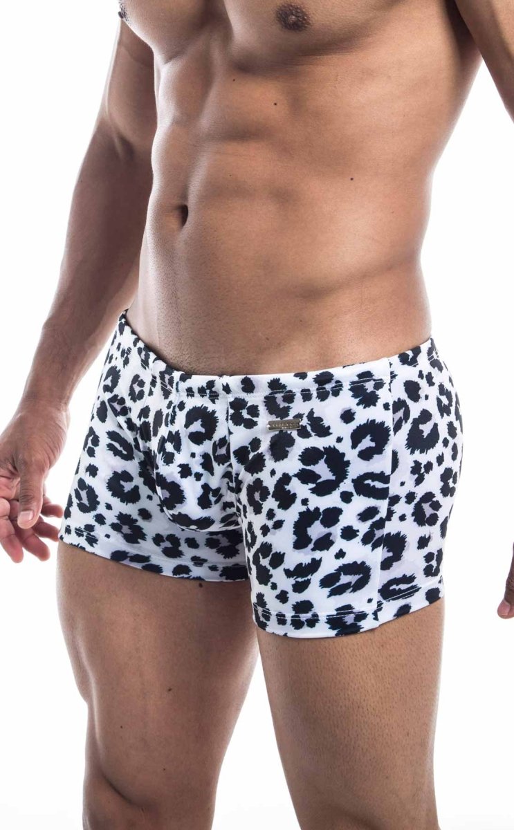 White oceanico square cut swim trunks with bold black leopard print pattern ideal for beachwear and swimming