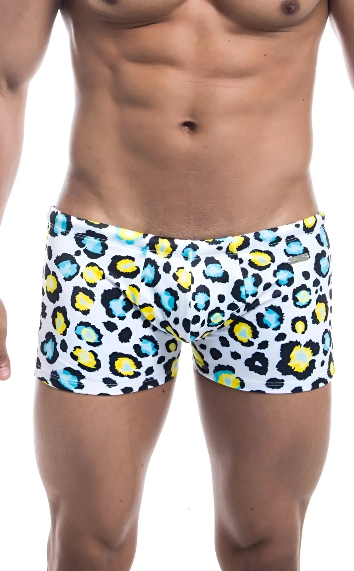 Oceanico square cut white swim trunks with bold black yellow and teal leopard print pattern