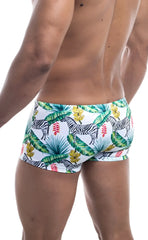 White Oceanico square cut swim trunks with vibrant tropical zebra pattern green palm leaves and red yellow flowers