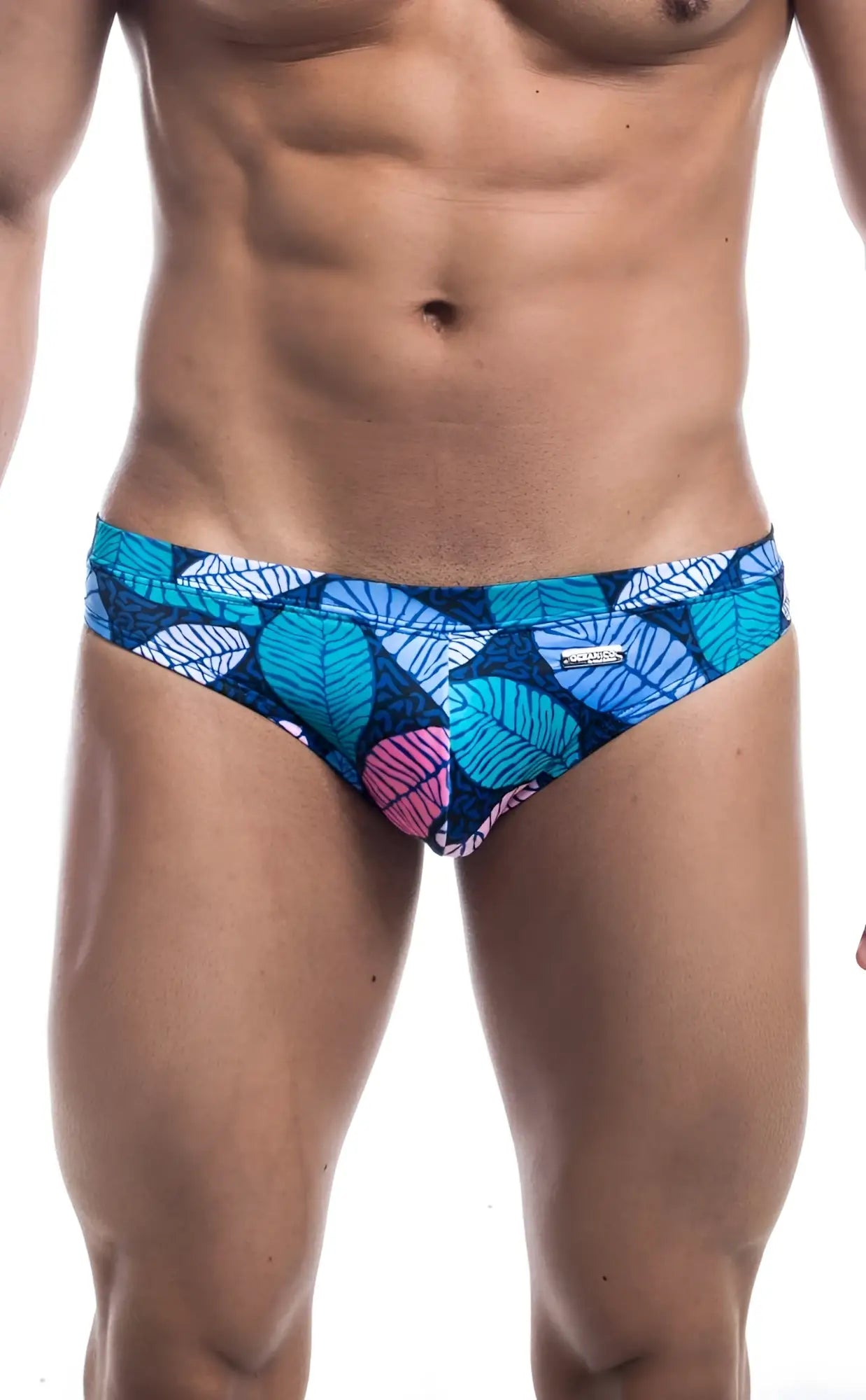 Oceanico swim bikini blue and pink leaf-patterned swim trunks with vibrant tropical design for beachwear