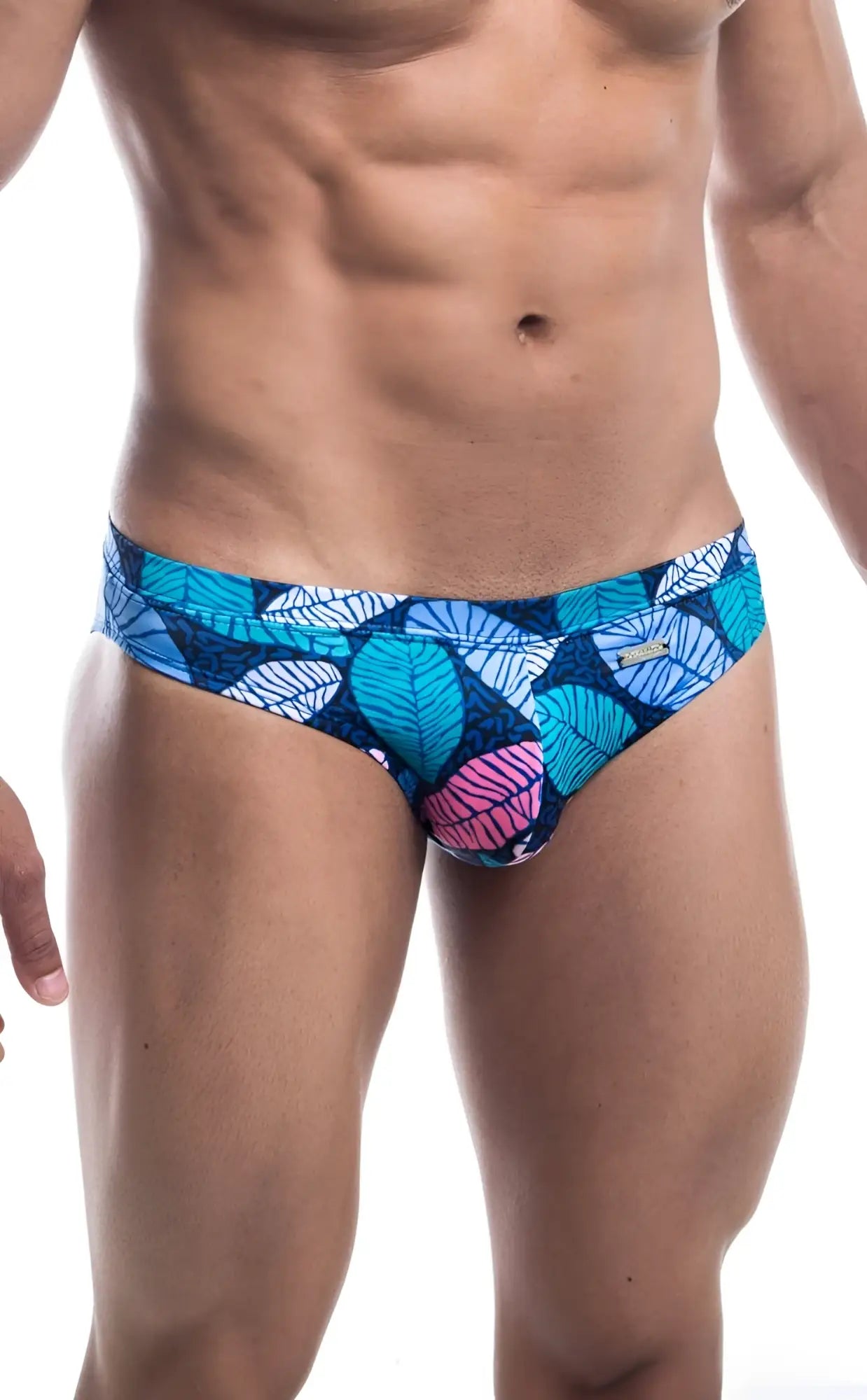 Oceanico swim bikini in blue and pink leaf-patterned fabric with a vibrant tropical design perfect for the beach