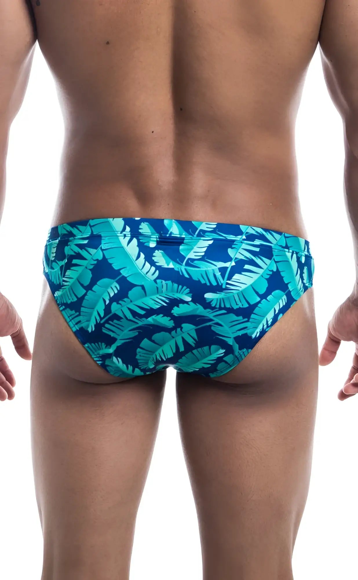 Oceanico swim bikini blue and teal tropical leaf patterned swim trunks designed for comfortable beachwear