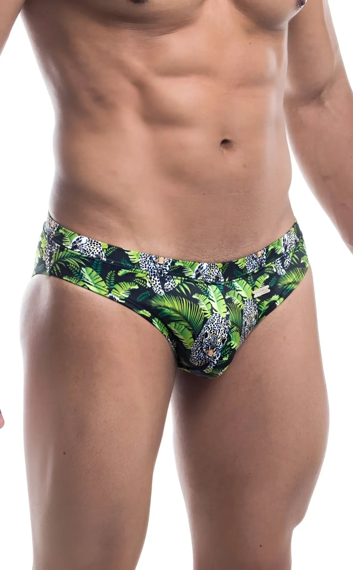 Oceanico swim bikini green and black tropical leaf swim trunks with leopard print accents for beachwear