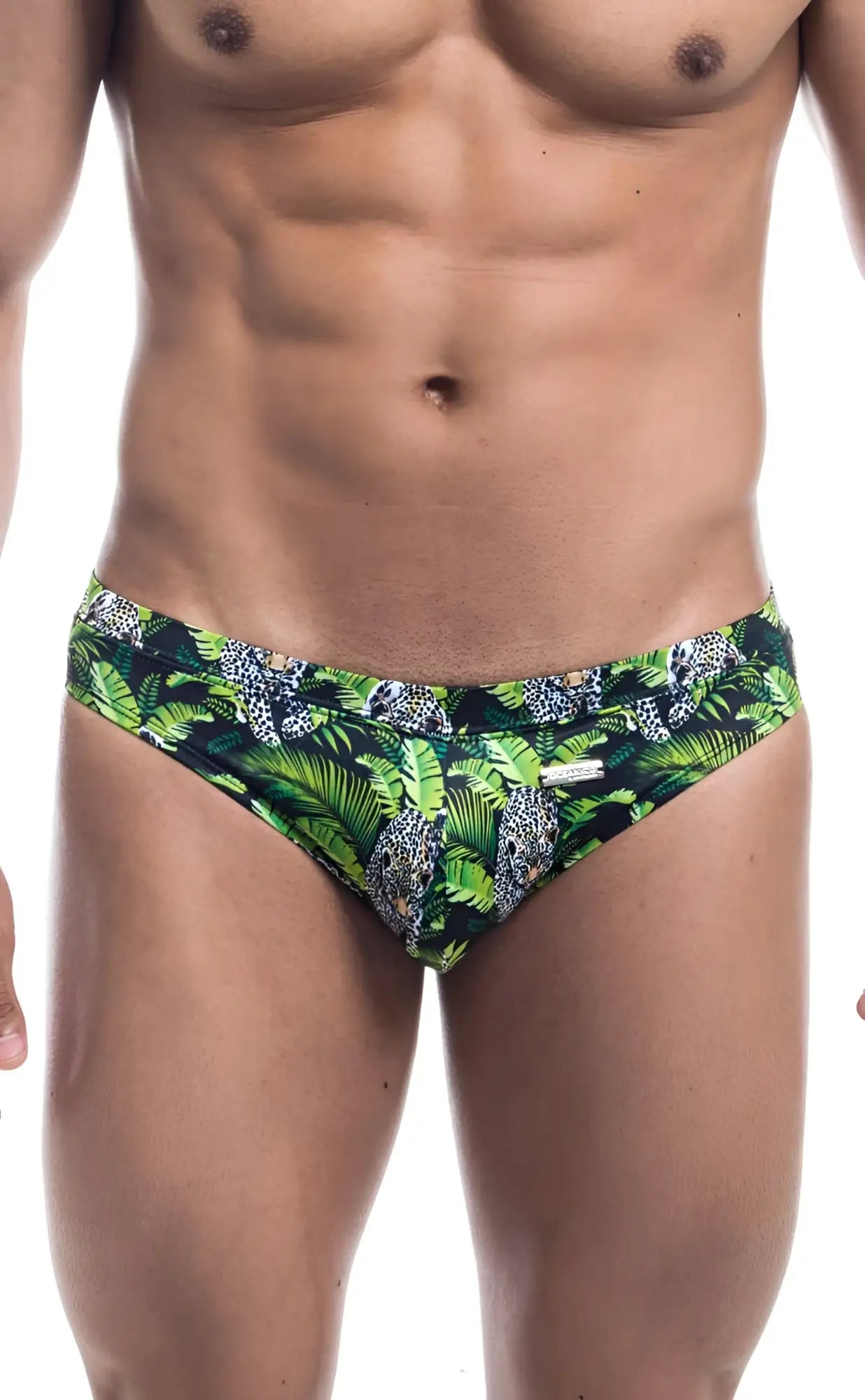 Oceanico swim bikini green and black trunks with vibrant jungle pattern featuring leopard prints and tropical leaves