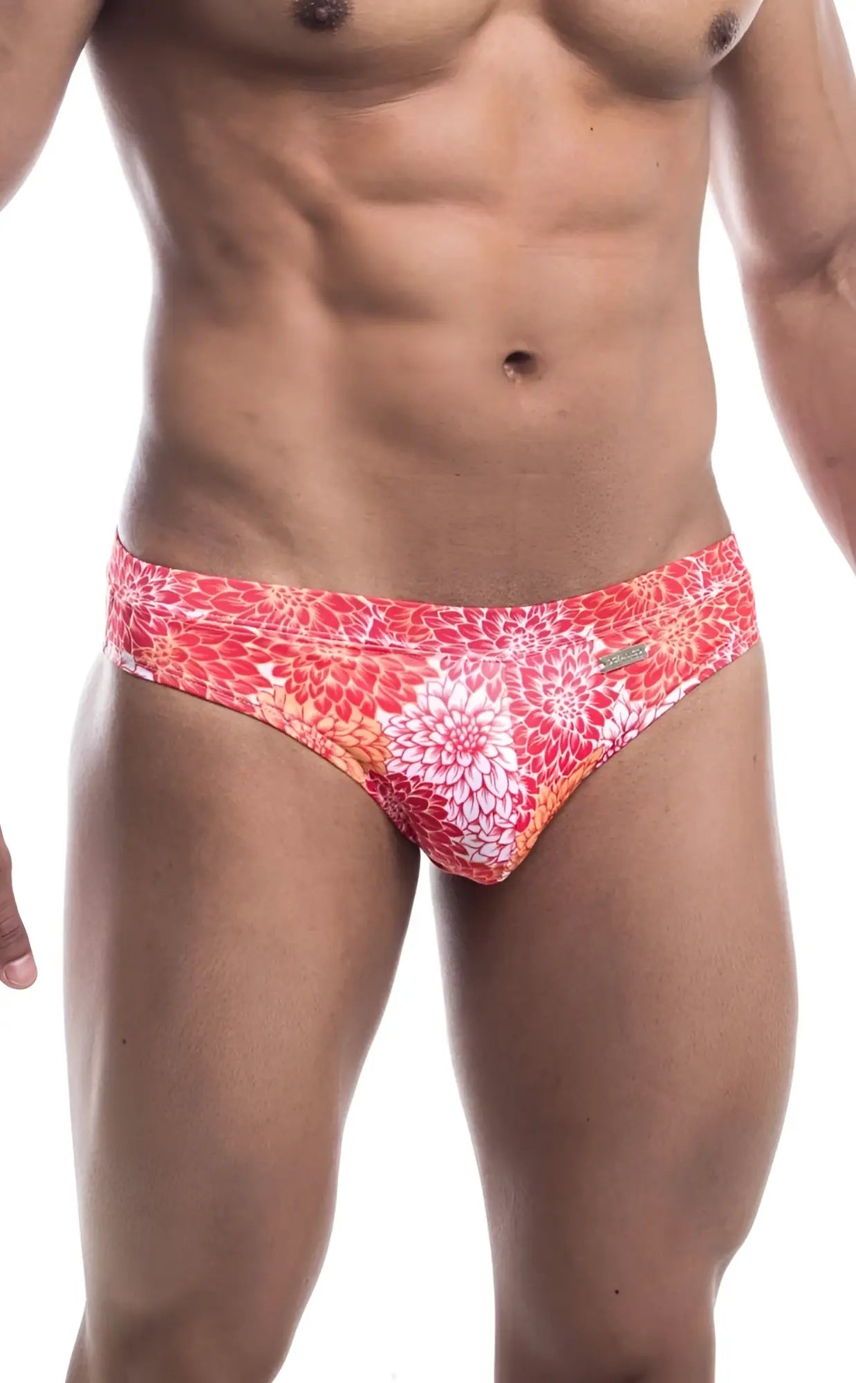 Oceanico swim bikini vibrant coral and white floral patterned swim trunks with sleek modern design front view