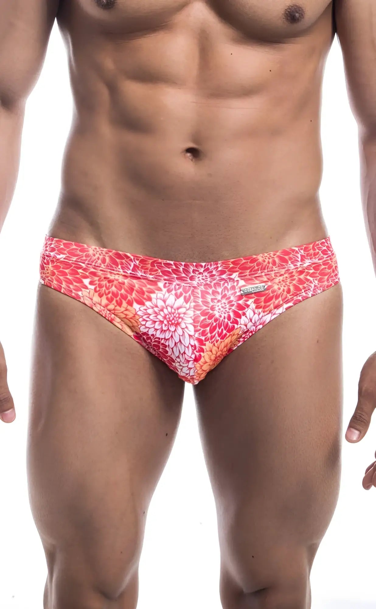 Oceanico swim bikini vibrant coral and white floral patterned men’s swim trunks perfect for beachwear
