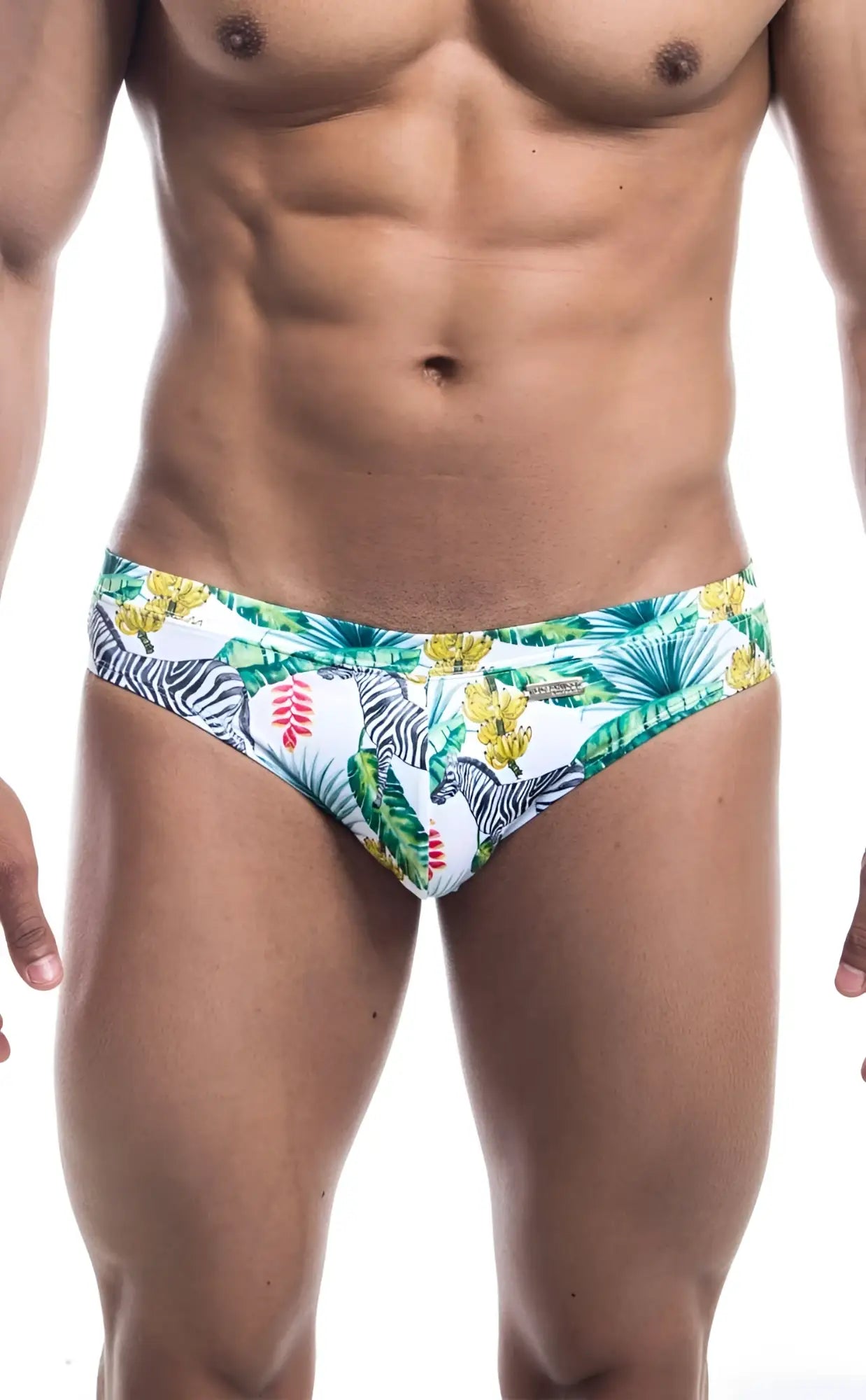 Oceanico swim bikini vibrant tropical-patterned swim trunks with zebra stripes green palm leaves and yellow flowers on white base