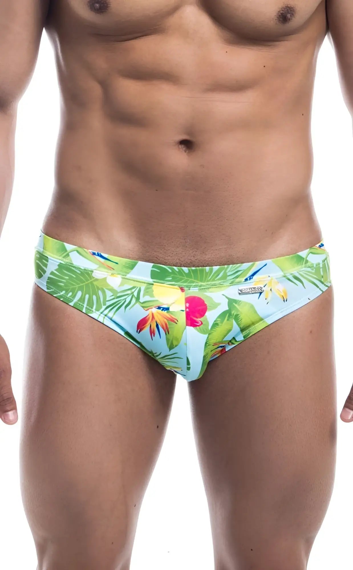 Oceanico swim bikini tropical print swim trunks in light blue green and pink with bold leaf and flower pattern