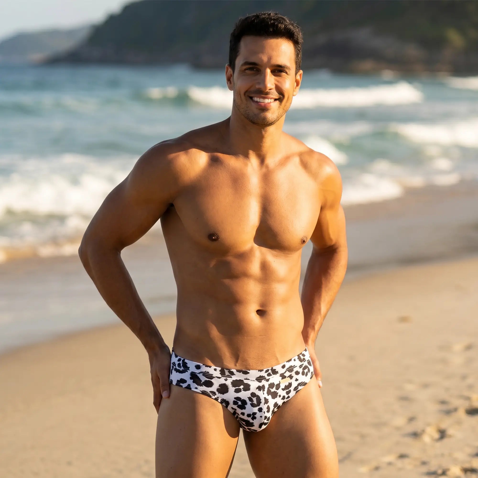 Generated lifestyle image for Oceanico Swim Bikini — black and white leopard print brief on beach