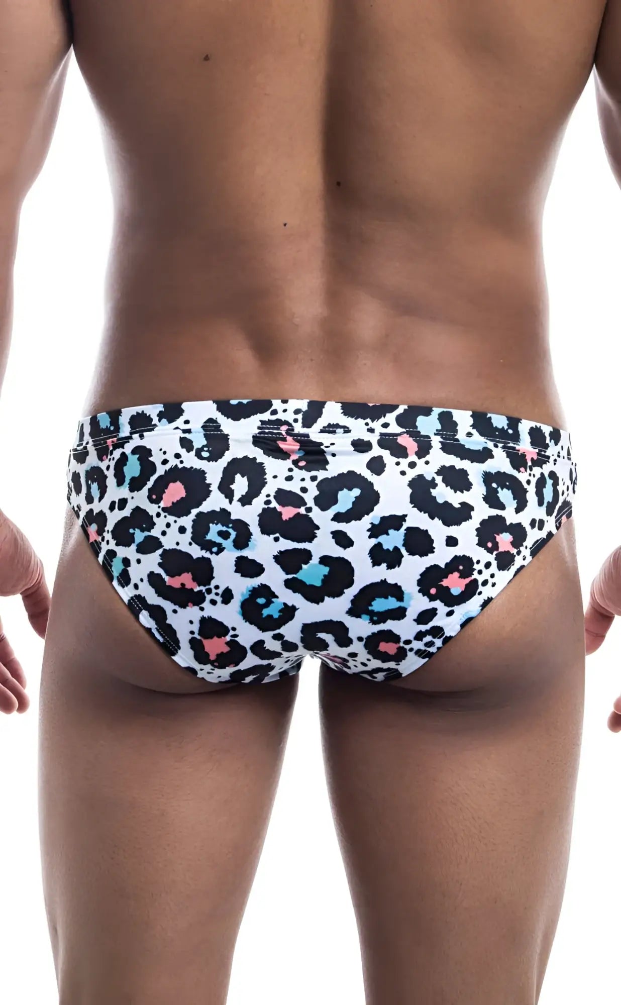 Oceanico swim bikini white swim trunks with bold leopard print black spots and pink and light blue accents