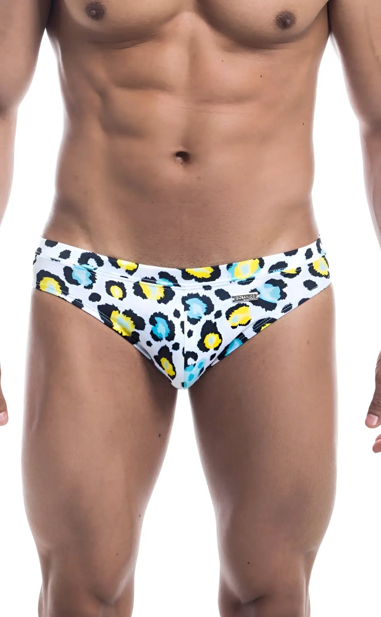 Oceanico swim bikini white swim trunks with vibrant leopard print featuring yellow and blue spots