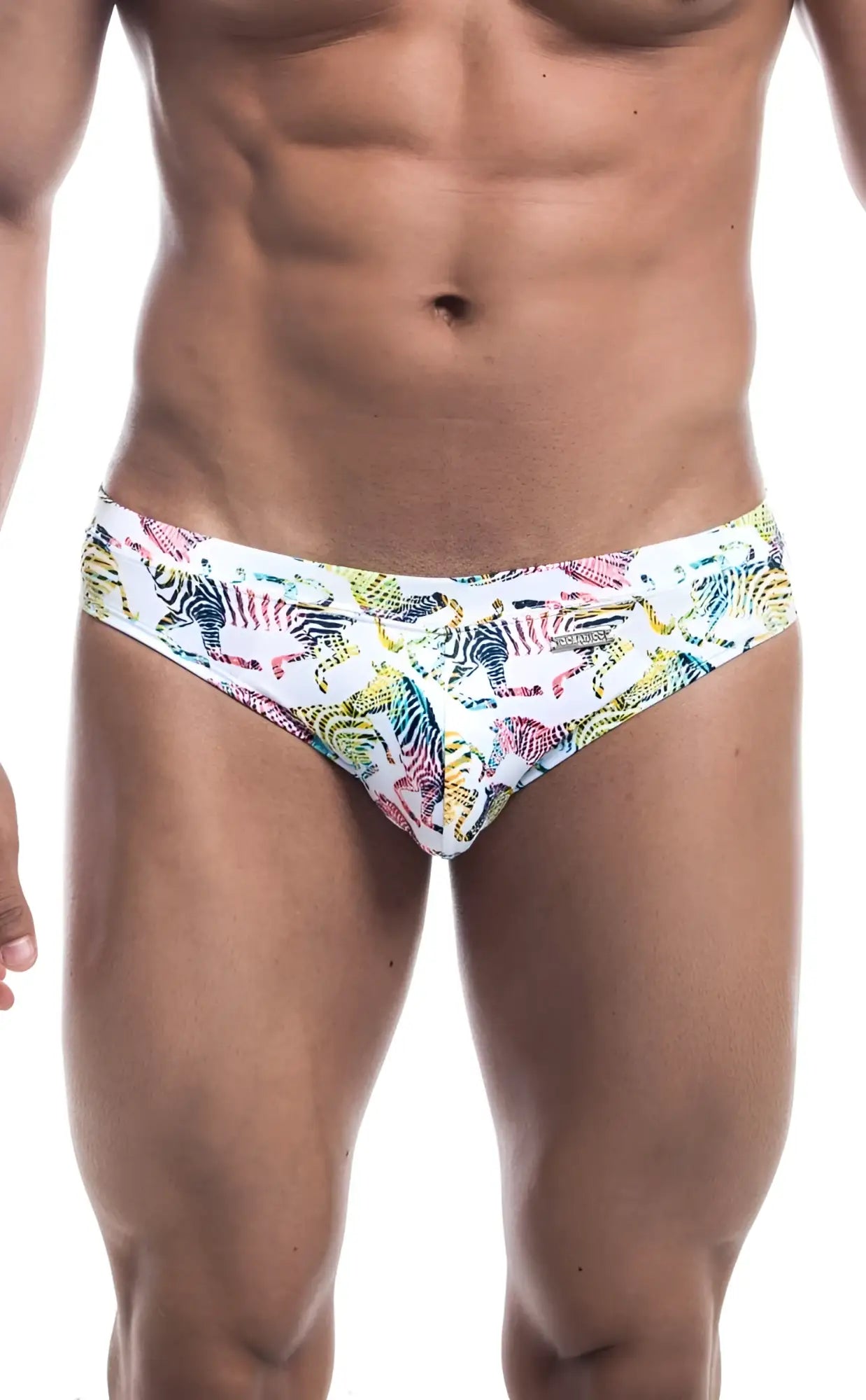 White swim trunks with vibrant multicolored zebra print pattern from oceanico swim bikini collection