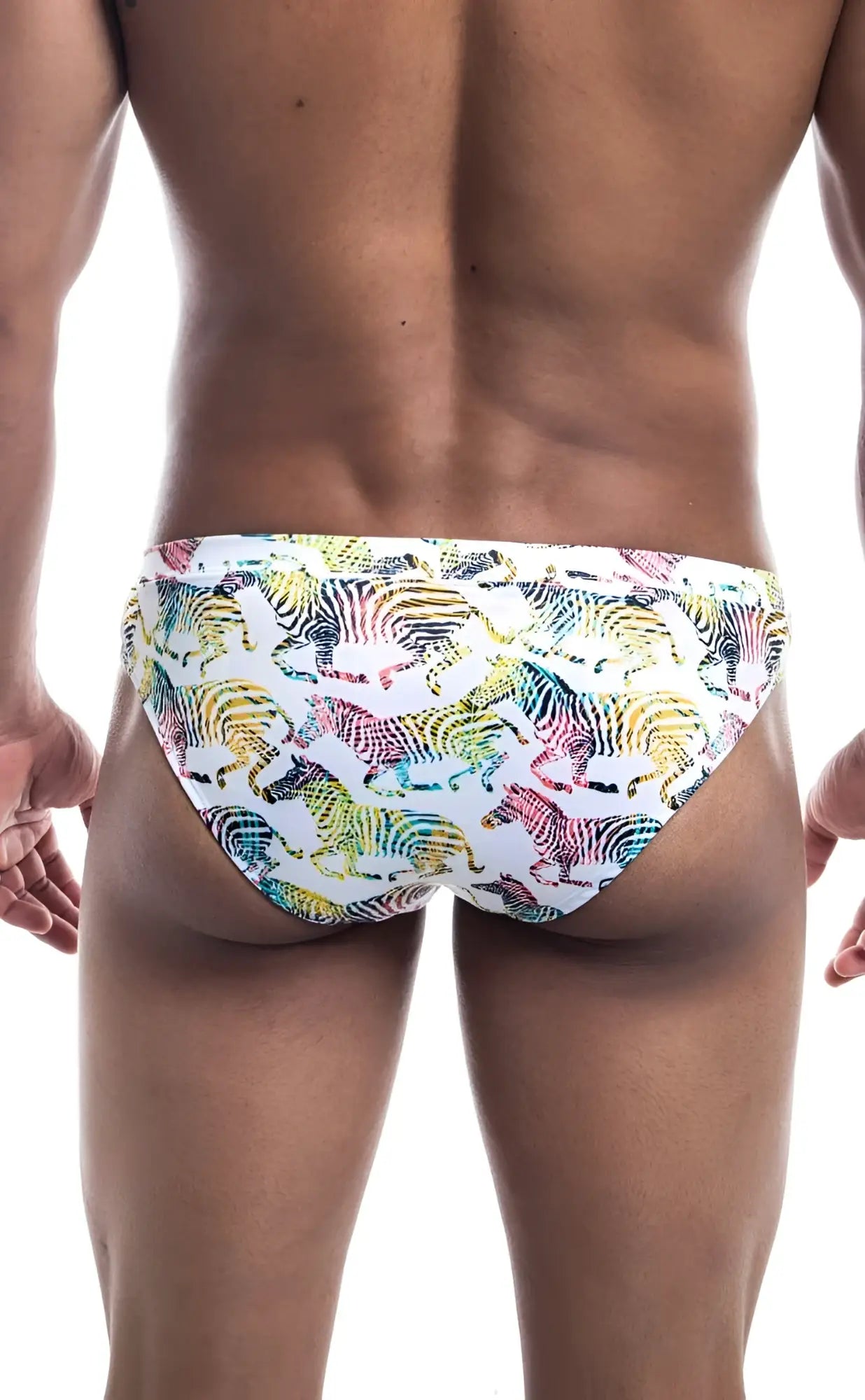 White Oceanico swim trunks with vibrant multicolored rainbow zebra pattern perfect for beach and pool use