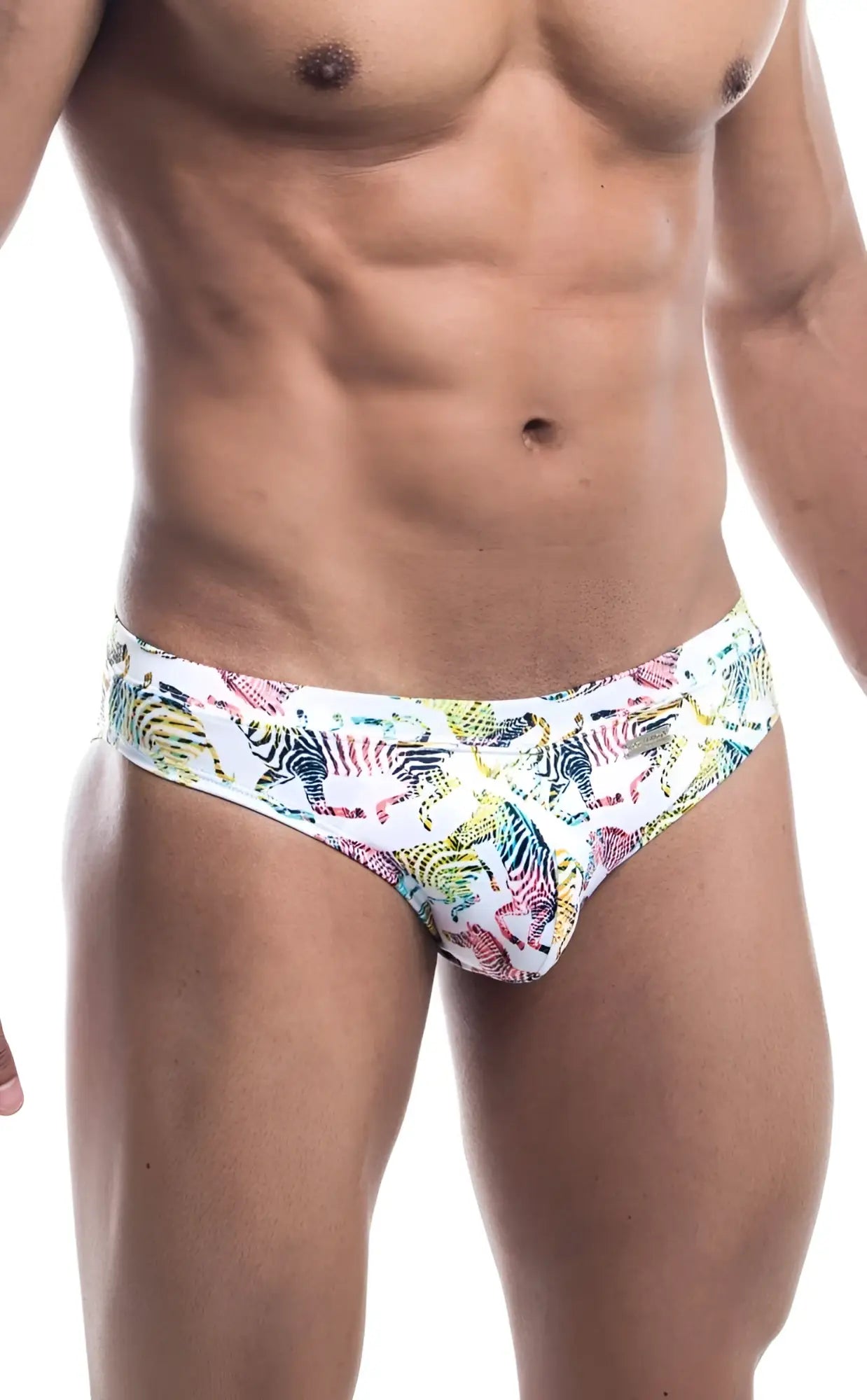Oceanico swim bikini white swim trunks with vibrant multicolored rainbow zebra pattern for beachwear