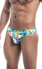White Oceanico swim bikini trunks with vibrant tropical zebras green palm leaves and yellow flowers pattern