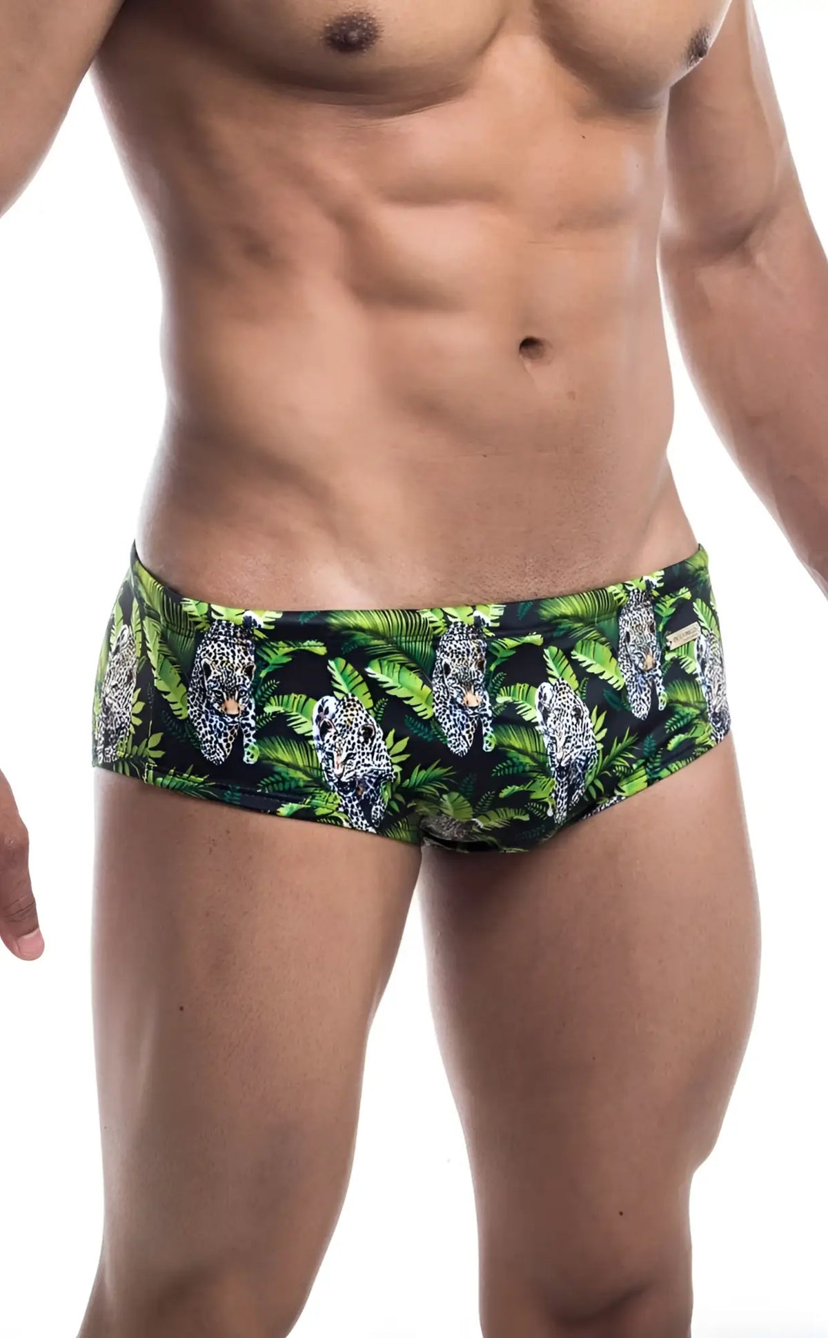 Oceanico swim brief green and black with bold leopard pattern and tropical foliage for stylish swimwear use