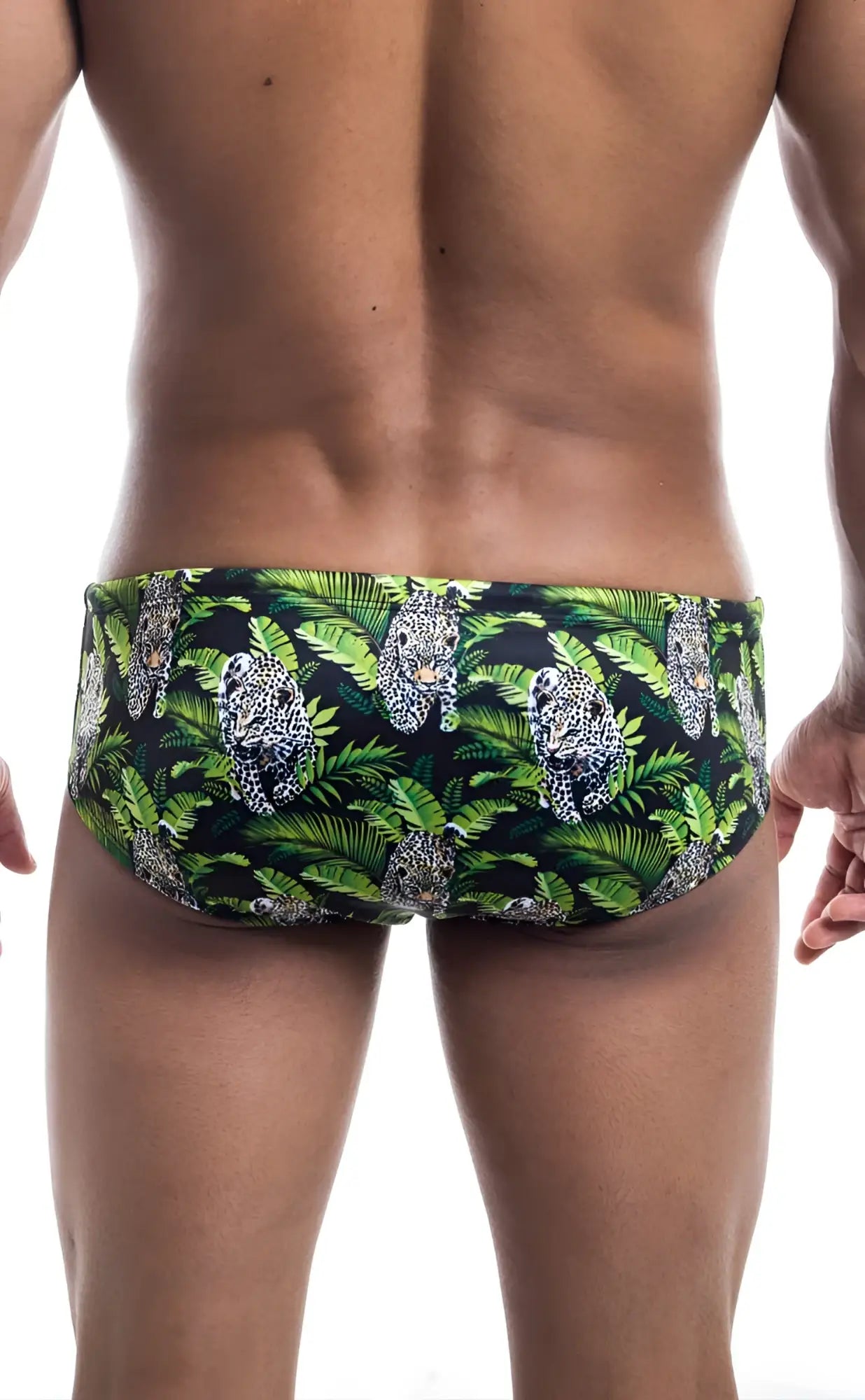Oceanico swim brief green and black with vibrant jungle pattern featuring leopards and tropical leaves