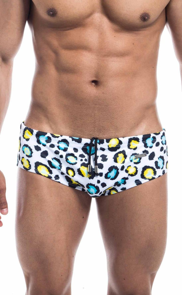 Oceanico swim brief white swim trunks with bold leopard print yellow and teal spots and black drawstring waistband