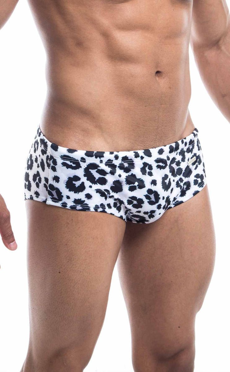 Oceanico swim brief white swim trunks with black leopard print pattern perfect for beach and pool use