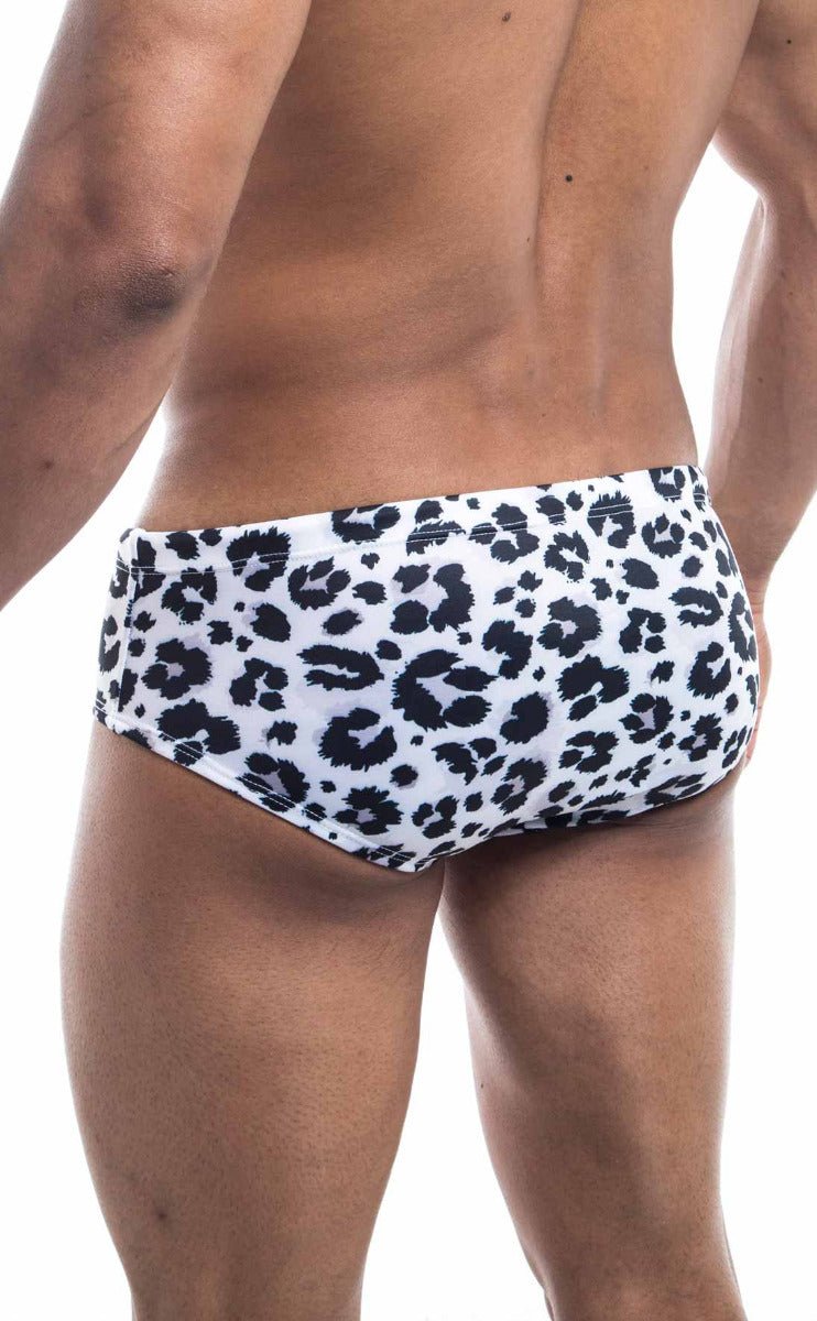 Oceanico swim brief white swim trunks with bold black leopard print pattern for stylish beachwear