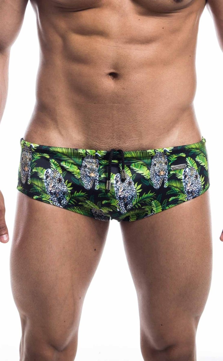 Oceanico swim brief green and black trunks with vibrant tropical leopard pattern and lush foliage design
